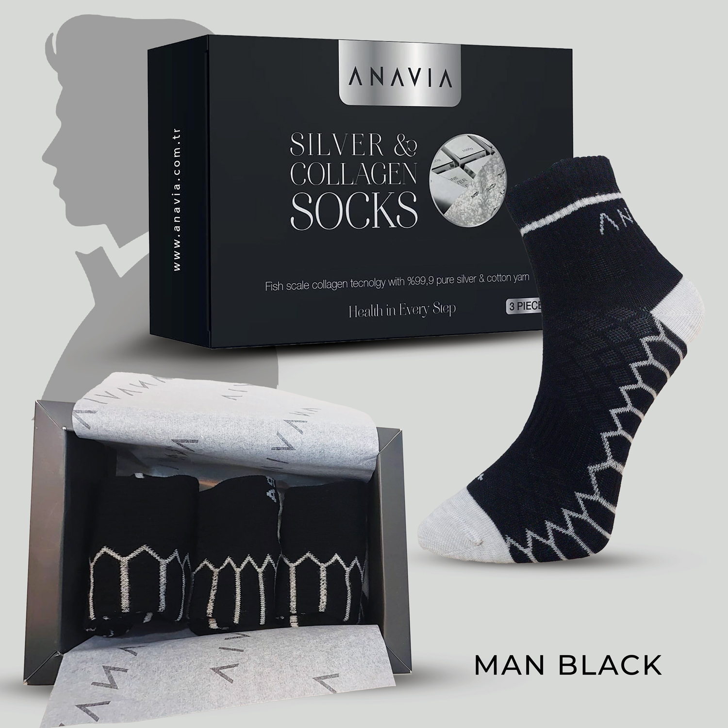 SİLVER COLLAGEN SOCK -MEN BLACK