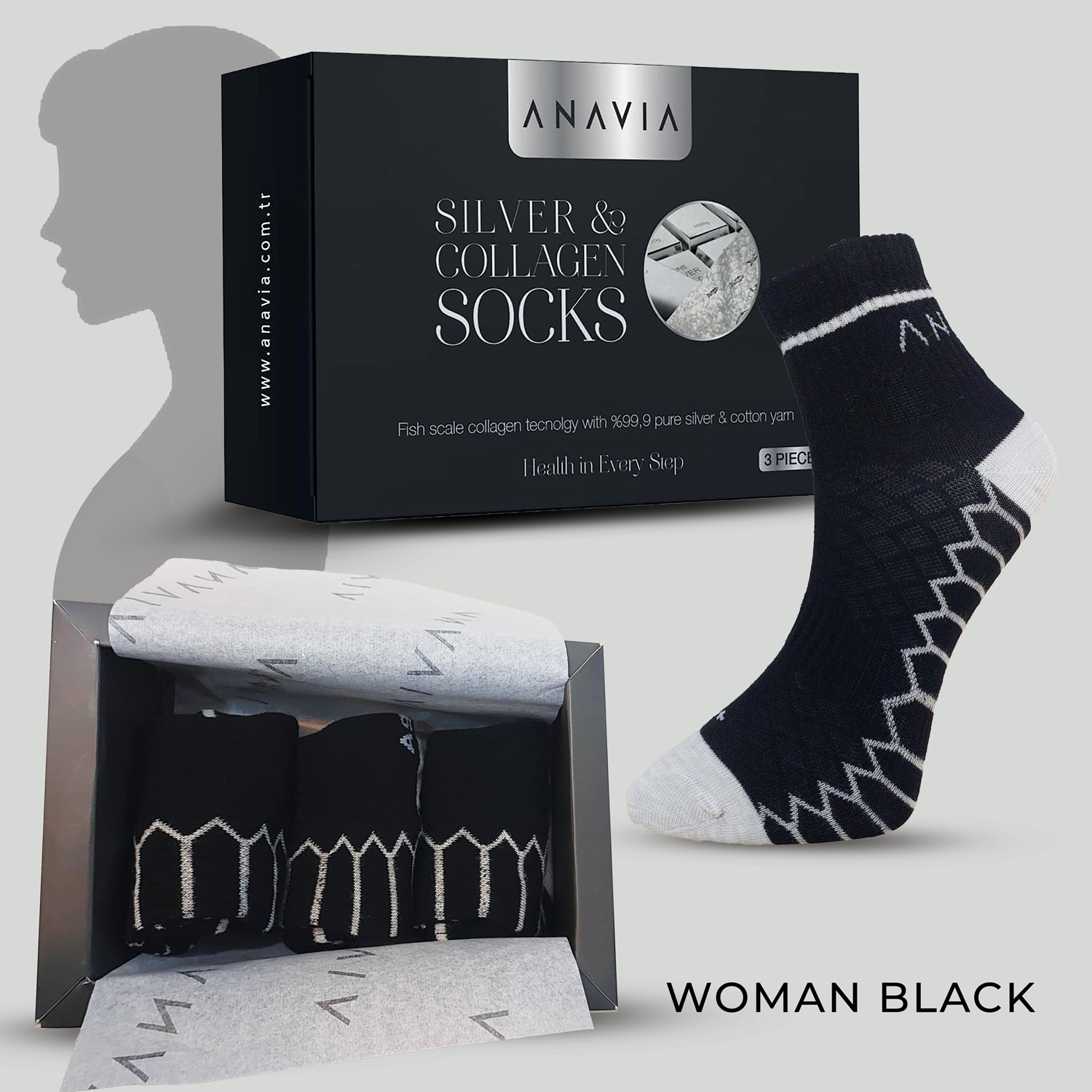 SİLVER COLLAGEN SOCK - WOMAN BLACK