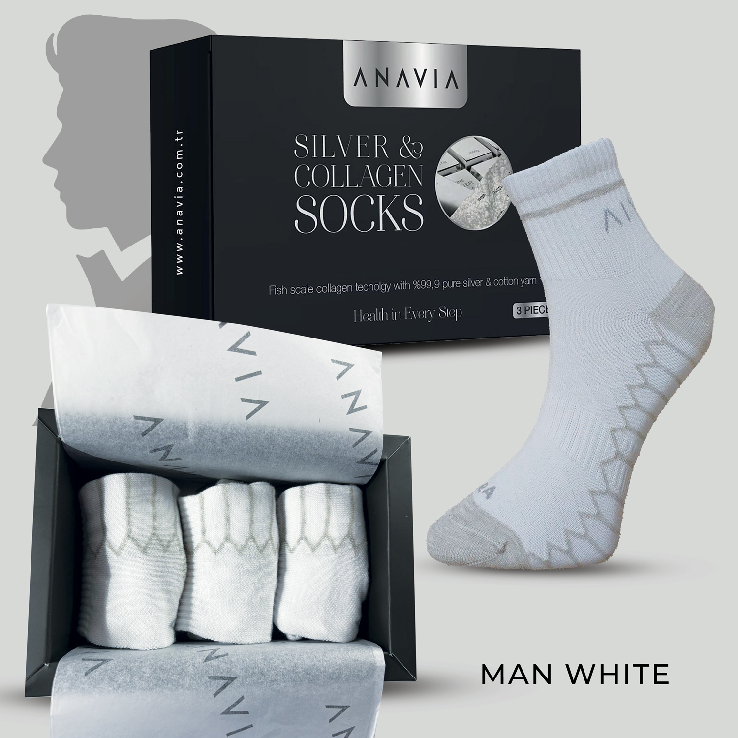 SİLVER COLLAGEN SOCK- MEN WHITE